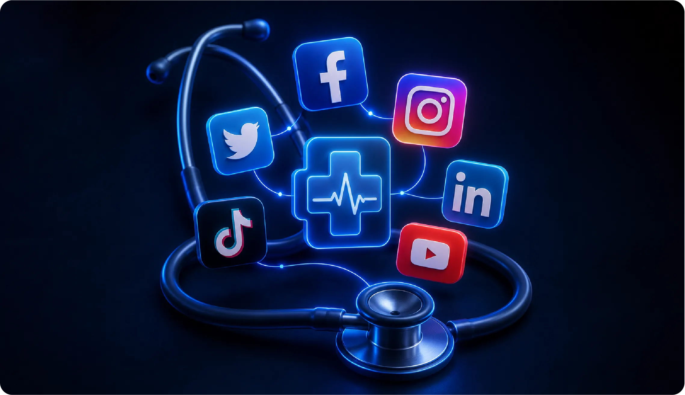 Social media icons overlaid on a stethoscope, representing social media marketing for healthcare providers.
